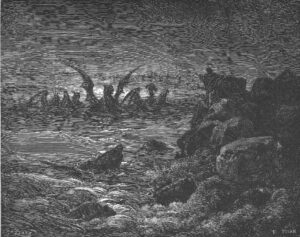 Gustave Doré's engraving of Daniel watching four great beasts rise from a stormy sea