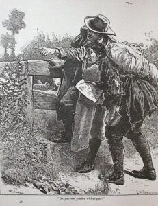 Evangelist points Christian to the wicket gate, an 1890 engraving for The Pilgrim's Progress