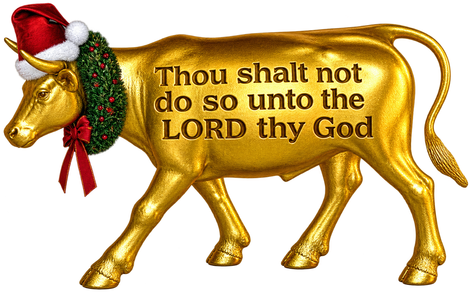 A golden calf in a Santa hat and Christmas wreath, engraved: Thou shalt not do so unto the LORD thy God.